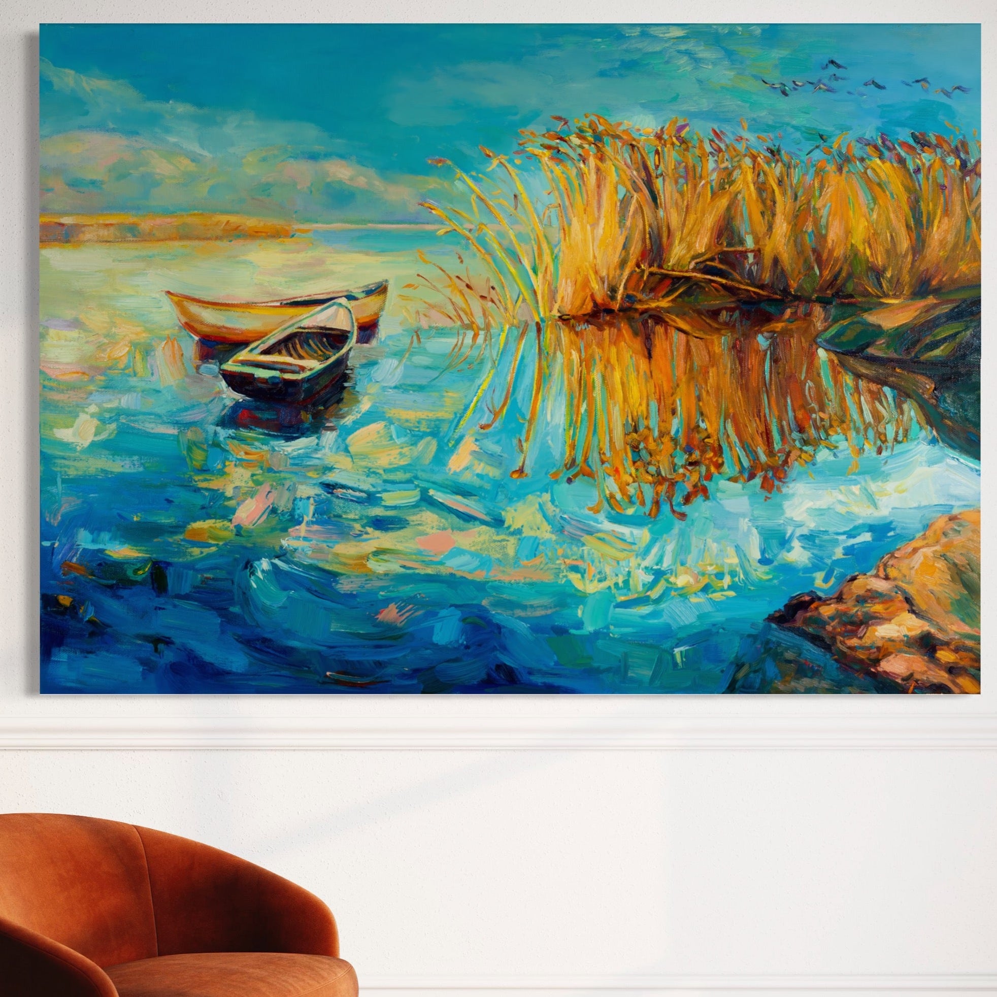 Tablou Canvas Premium  LuxCanva® A1096, Doua Barci , Stuf, Lac, Pasari, Culori Vibrante