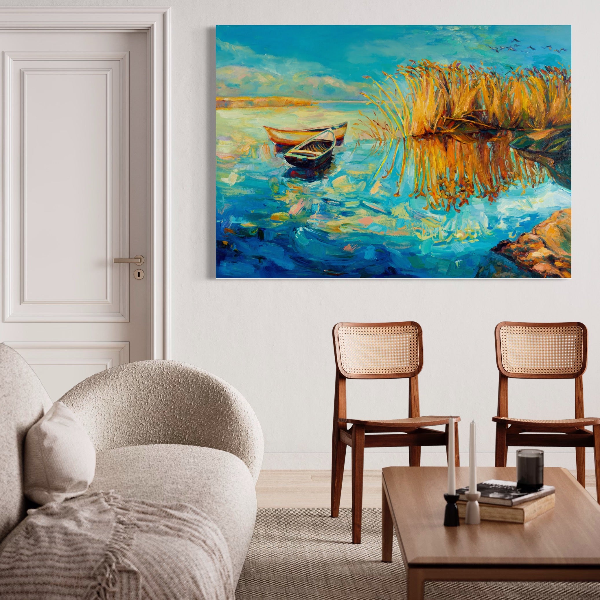 Tablou Canvas Premium  LuxCanva® A1096, Doua Barci , Stuf, Lac, Pasari, Culori Vibrante