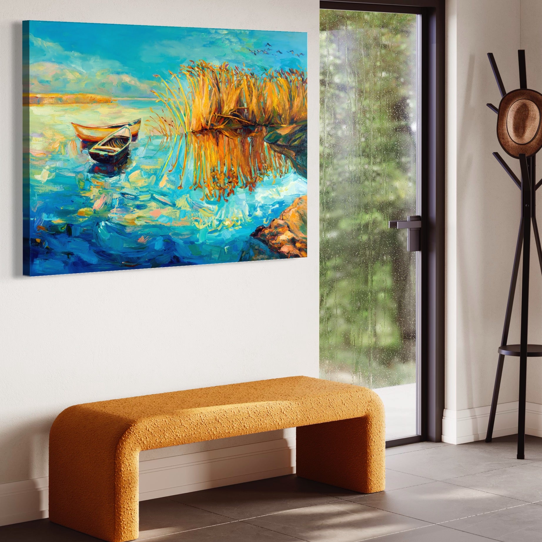 Tablou Canvas Premium  LuxCanva® A1096, Doua Barci , Stuf, Lac, Pasari, Culori Vibrante