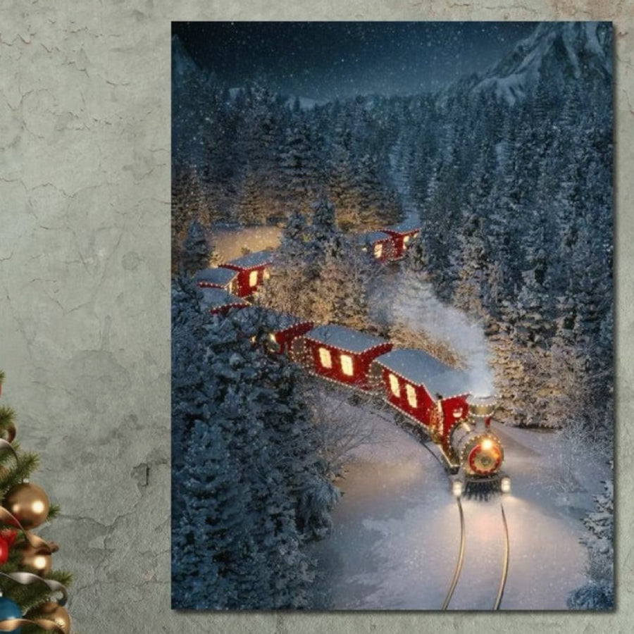 Pânza LuxCanva® Tablou Premium LuxCanva® D1000 înfățișează Trenul lui Mos Craciun strălucind în timp ce traversează noaptea o pădure de pini înzăpezită, cu culori vibrante și detalii festive, ideală pentru camere de copii sau cadouri de sărbători.