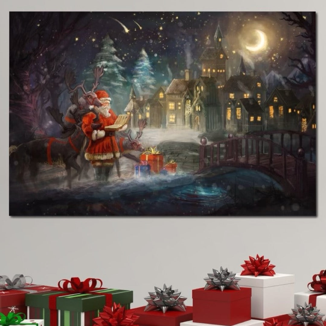 Tablou Canvas Premium LuxCanva® D1003, Lista lui Mos Craciun , Daruri, Reni, Munti, Alb, Ajun, Sanie, Camera copii, Dormitor