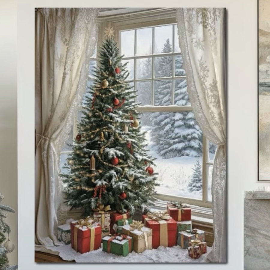 Captează magia sărbătorilor cu Tablou Canvas Premium LuxCanva® D1004-Brad de Craciun, perfect pentru camera ta de zi. Cu un brad festiv lângă o fereastră înzăpezită, culori vibrante, globuri și vibrații familiale confortabile. Brand: LuxCanva®.