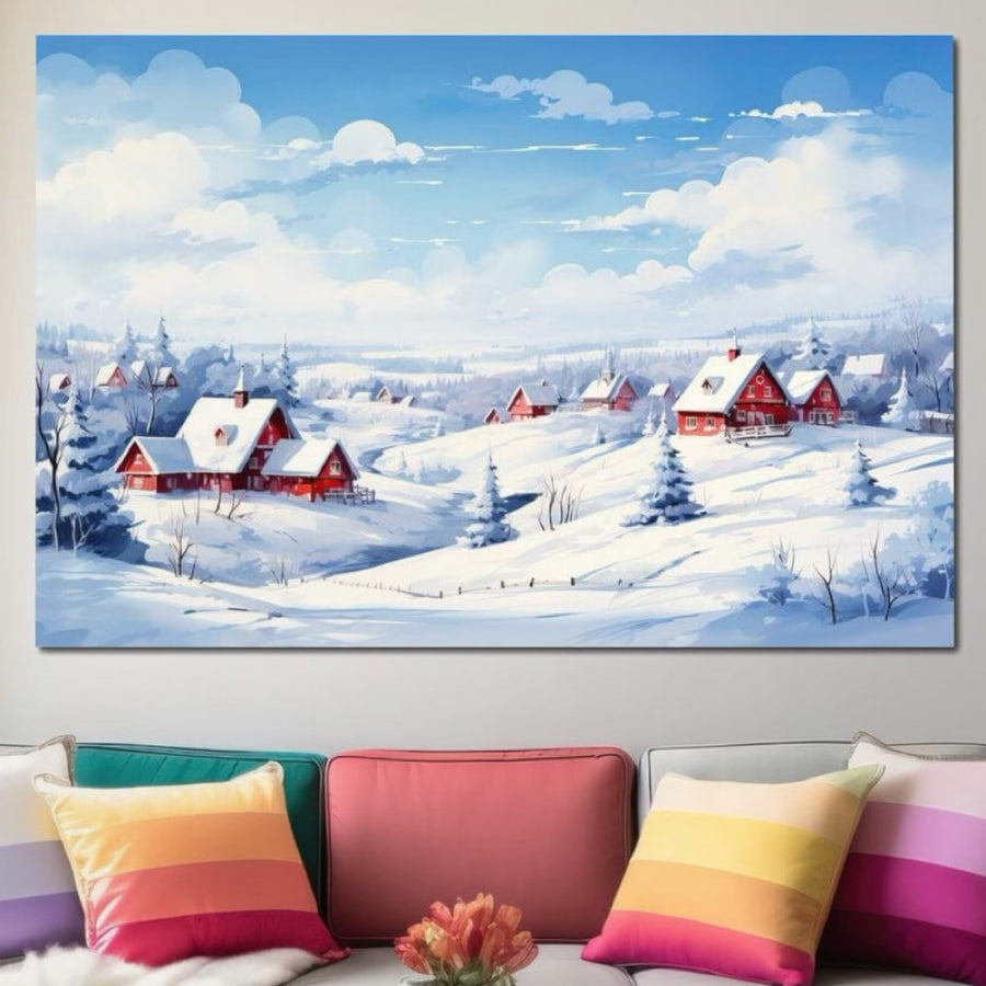 O canapea colorată cu perne în dungi se află sub pânza premium LuxCanva® Tablou D1006, "Iarna pe Ulita", care înfățișează un sat rural înzăpezit în culori vibrante, adăugând o notă elegantă camerei de zi confortabile.