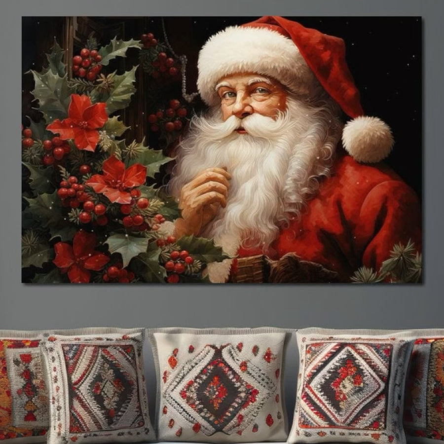 O pânză LuxCanva® Tablou Canvas Premium D1008 reprezentându-l pe Moș Crăciun cu barbă albă și cadouri adaugă farmec festiv camerei de zi, completând perfect decorul confortabil și pernele brodate.