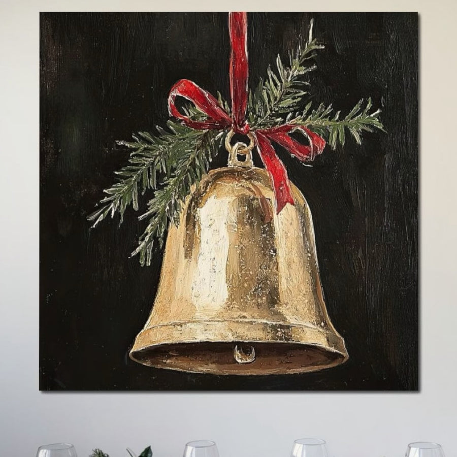 Tablou Canvas Premium LuxCanva® D1009, Clopotelul Auriu: un tablou elegant cu un clopoțel auriu, glob, panglică roșie și ramură de brad, tipărit pe pânză bumbac premium cu culori vibrante-ideal pentru living room.