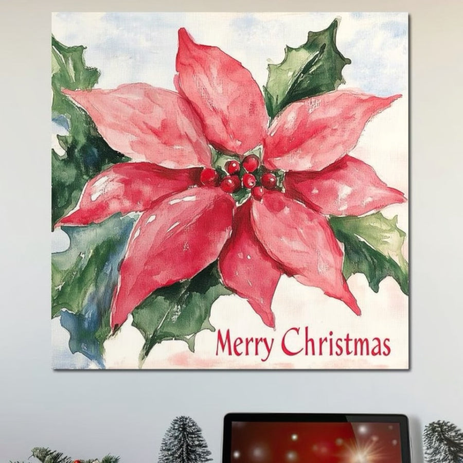 Tablou Canvas Premium LuxCanva® D1011, cu design Sarbatoare Infloritoare și crăciuniță în ghiveci, petale roșii și frunze verzi, inscripționat Merry Christmas, decorează peretele deasupra monitorului.