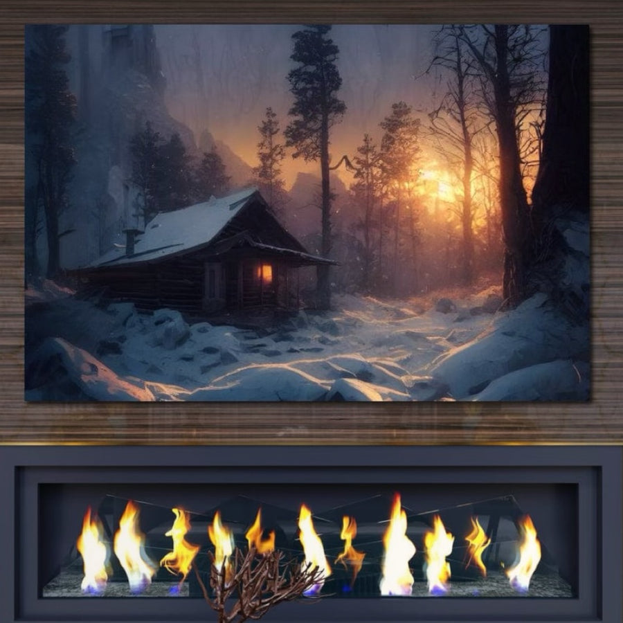 Transformă-ți livingul cu Tablou Canvas Premium LuxCanva® D1013, Cabana din Povesti - o cabană de lemn la apus, în culori vibrante, ce aduce magie, mister și căldură de poveste. Produs original LuxCanva®.