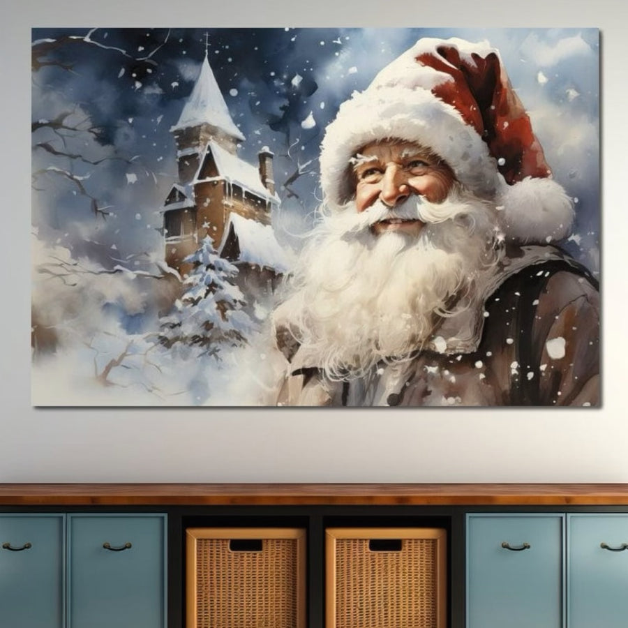 Tablou Canvas Premium LuxCanva® D1014, Lumea Magica a lui Mos Craciun, cu culori vibrante, atârnă pe perete deasupra dulapurilor albastre și coșurilor de răchită, aducând magia Crăciunului în sufrageria ta.