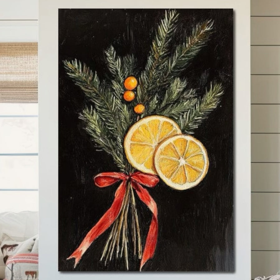 Tablou Canvas Premium LuxCanva® D1015, cu ramuri vibrante de pin și portocale, adaugă eleganță festivă și aromă răcoritoare oricărei camere de zi - perfect pentru a lumina pereții albi cu stilul LuxCanva®.