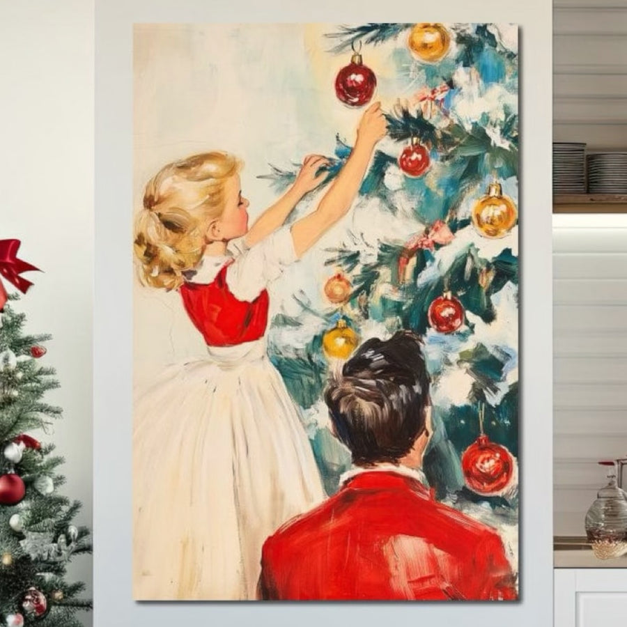 Tablou Canvas Premium LuxCanva® D1016 prezintă o fetiță care împodobește bradul cu globuri colorate, într-un decor de familie modern, ideal pentru living. Un tablou vibrant și calitativ de la LuxCanva®.