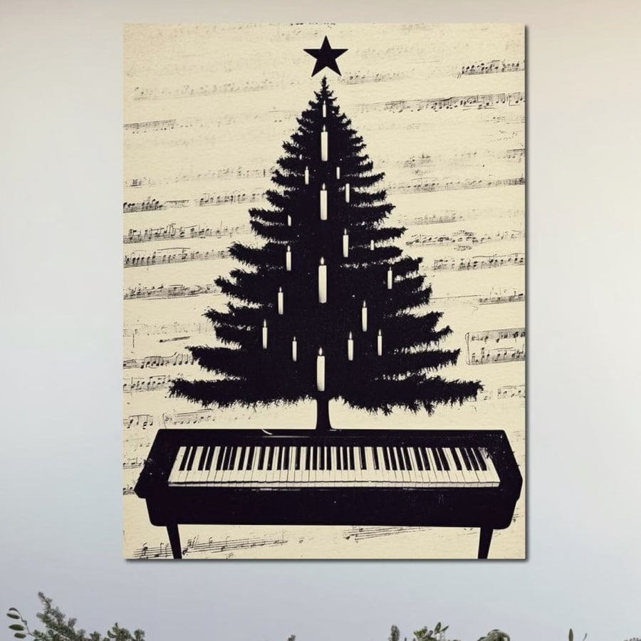 Tablou Canvas Premium LuxCanva® D1017, Bradul de pe Pian, prezintă un brad de Crăciun negru abstract care se îmbină cu clapele pianului, cu culori vibrante pe o pânză premium - o artă de perete perfectă pentru camera dvs. de zi LuxCanva®.