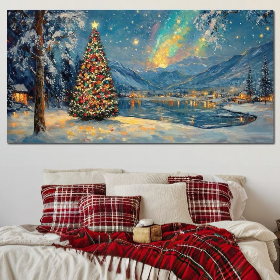 Tablou Canvas Premium LuxCanva® D1018, Luminile Magice ale Craciunului ,  Brad, Beculete, Lac, Sat, Stralucire, Living Room, Culori vibrante