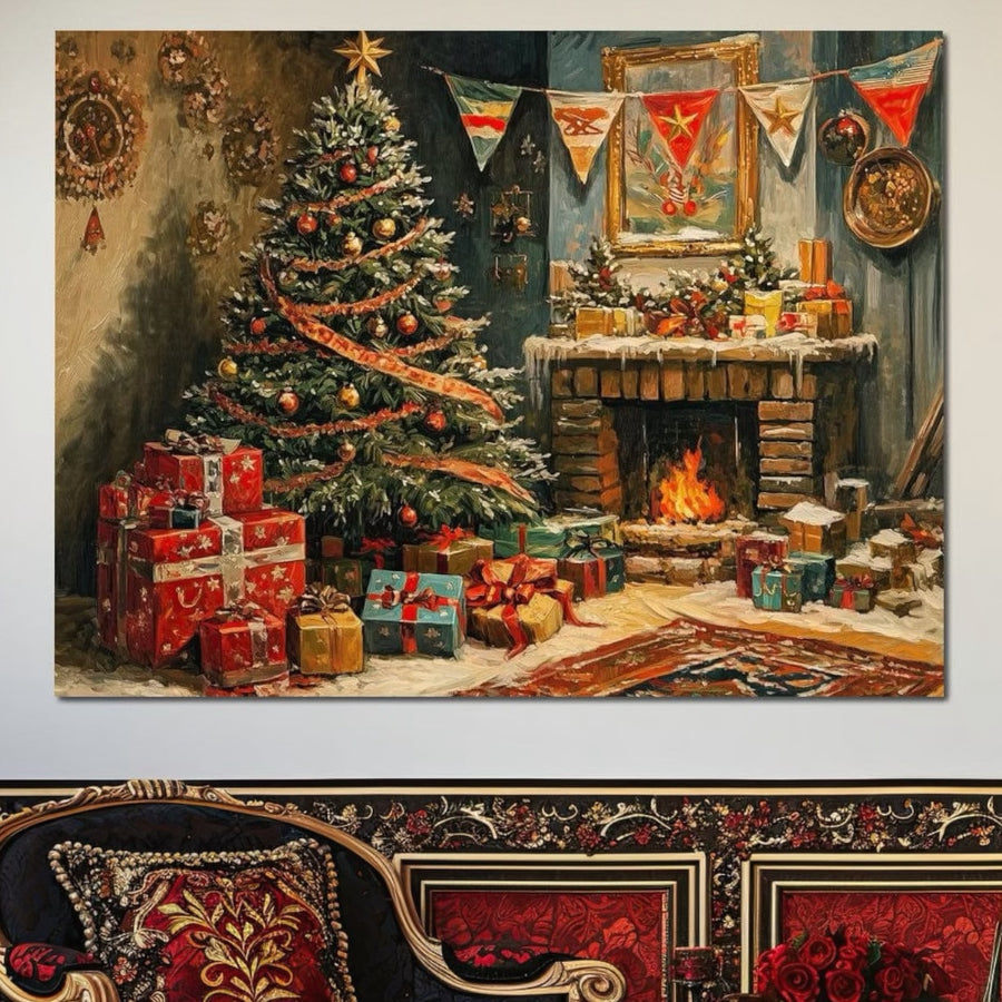 Creați o cameră de zi festivă cu tabloul LuxCanva® Tablou Canvas Premium D1019, "Noaptea de Ajun" - cu un brad decorat, șemineu strălucitor, cadouri și culori vibrante de sărbători pentru un accent elegant de sezon.