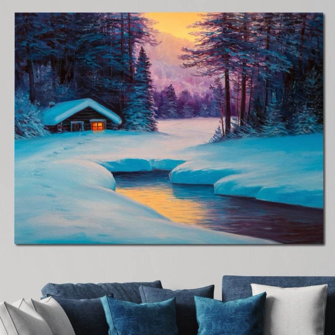 Tablou Canvas Premium LuxCanva® D1021, Cabana dintre Brazi , Brazi, Cabana, Semineu, Foc, Natura, Living Room, Culori vibrante