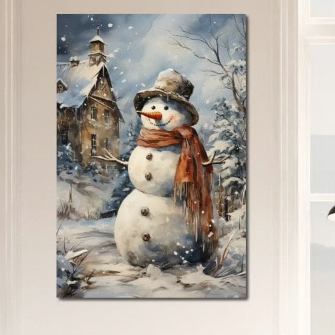 Tablou Canvas Premium LuxCanva® D1023, Zambetul Omului de Zapada , Fular, Palarie, SnowMan, Curte, Copii, Living Room, Culori vibrante