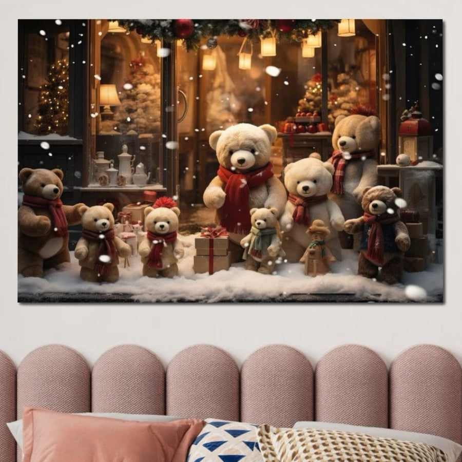 LuxCanva® Tablou Canvas Premium D1024, "Craciunul Ursilor Polari", înfățișează o familie de urși cu cadouri, în zăpadă lângă un magazin luminos-perfect pentru a aduce culoare festivă de sărbători în livingul tău.