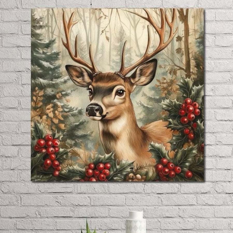 Tabloul LuxCanva® Tablou Canvas Premium D1025, "Cerbul din Padurea Magica", prezintă o căprioară vibrantă printre frunze verzi și boabe roșii într-o pădure cețoasă, perfectă pentru camera de zi.