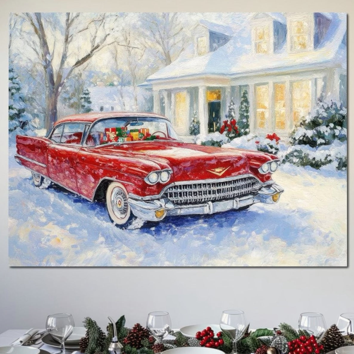 Tablou Canvas Premium LuxCanva® D1027, Masina vintage a Mosului , Pontiac, Masina, Rosie, Iarna, Daruri, Living Room, Culori vibrante