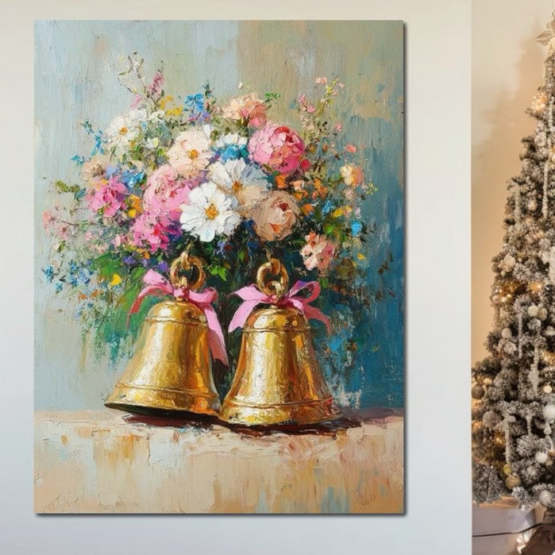 Tablou Canvas Premium LuxCanva® D1028, Clopotei Inflorati , Bujori, Clopotei, Aurii, Decoratiuni, Buchet, Living Room, Culori vibrante