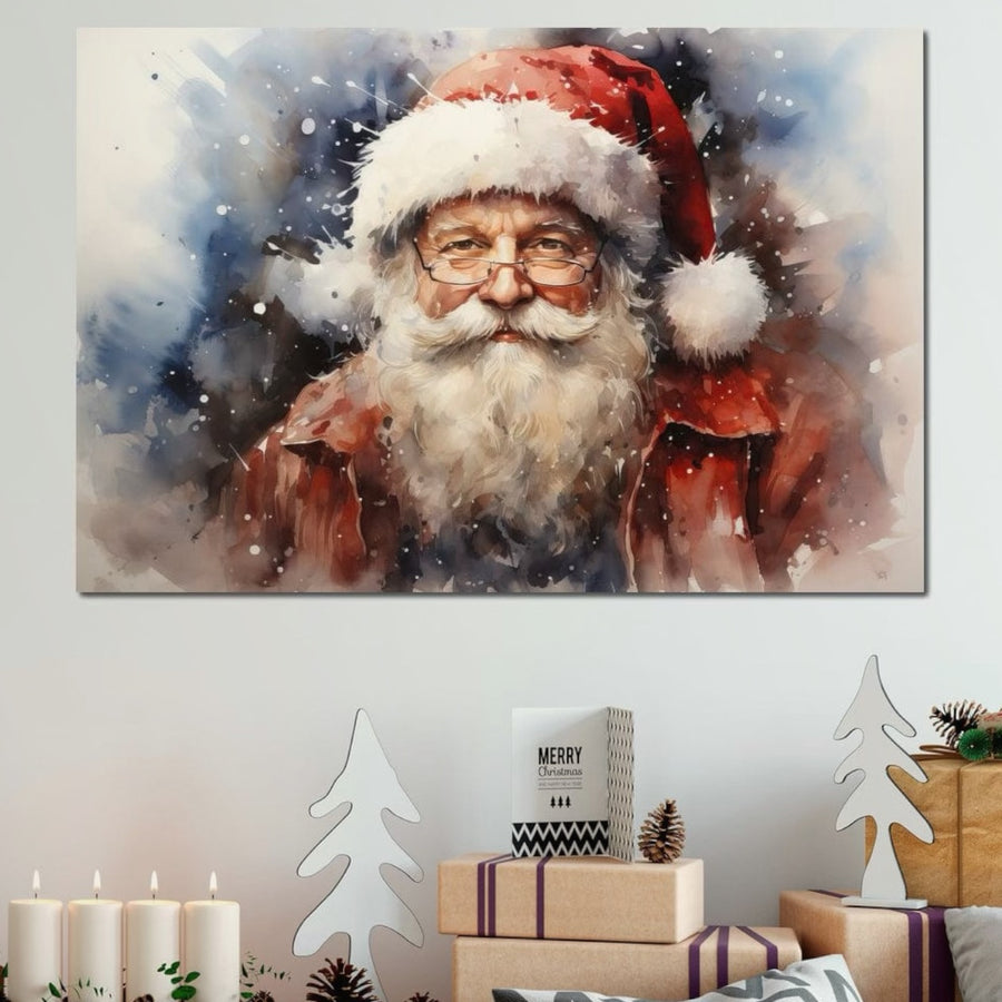 Tablou Canvas Premium LuxCanva® D1032 - Un Bătrânel numit Crăciun cu o privire blândă, roșu vibrant și ochelari, ideal pentru decorul de sărbători în living. Transformă-ți casa cu acest portret festiv pe pânză de bumbac!.