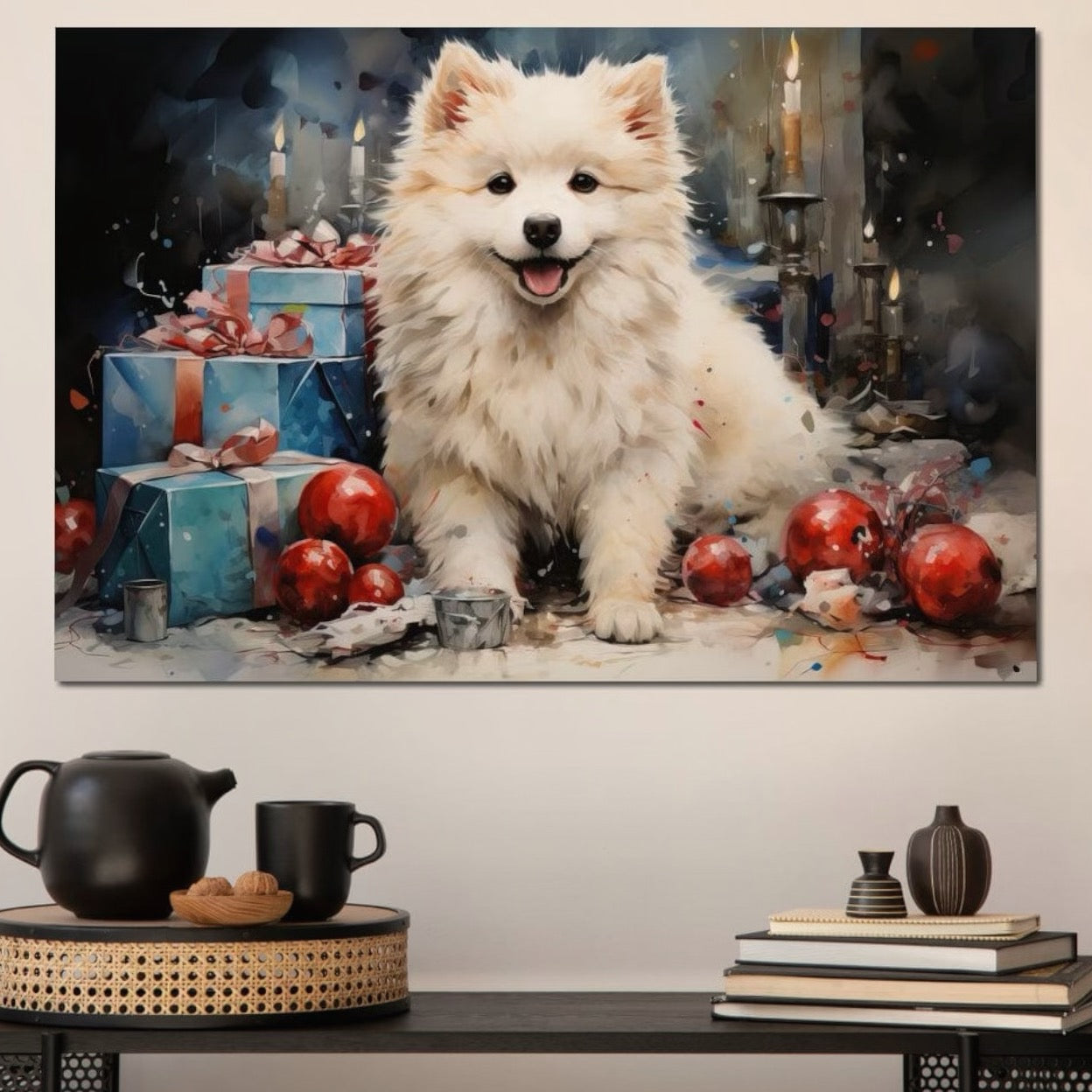 Tablou Canvas Premium, LuxCanva® D1033, Blanosul Samoyed printre Globuri , Patruped, Blana, Rosu, Globuri, Lumanari, Living Room, Culori vibrante