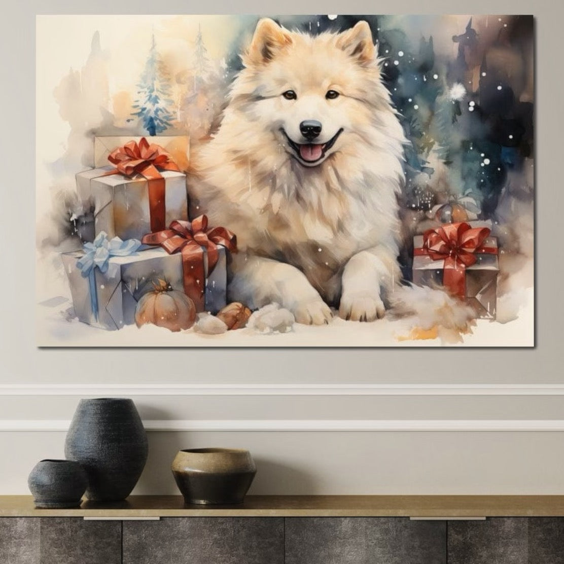 Tablou Canvas Premium LuxCanva® D1034, Un Samoyed in Dar , Caine, Blana, Bej, Cutii, Cadouri, Latrat, Camera Copii, Culori vibrante