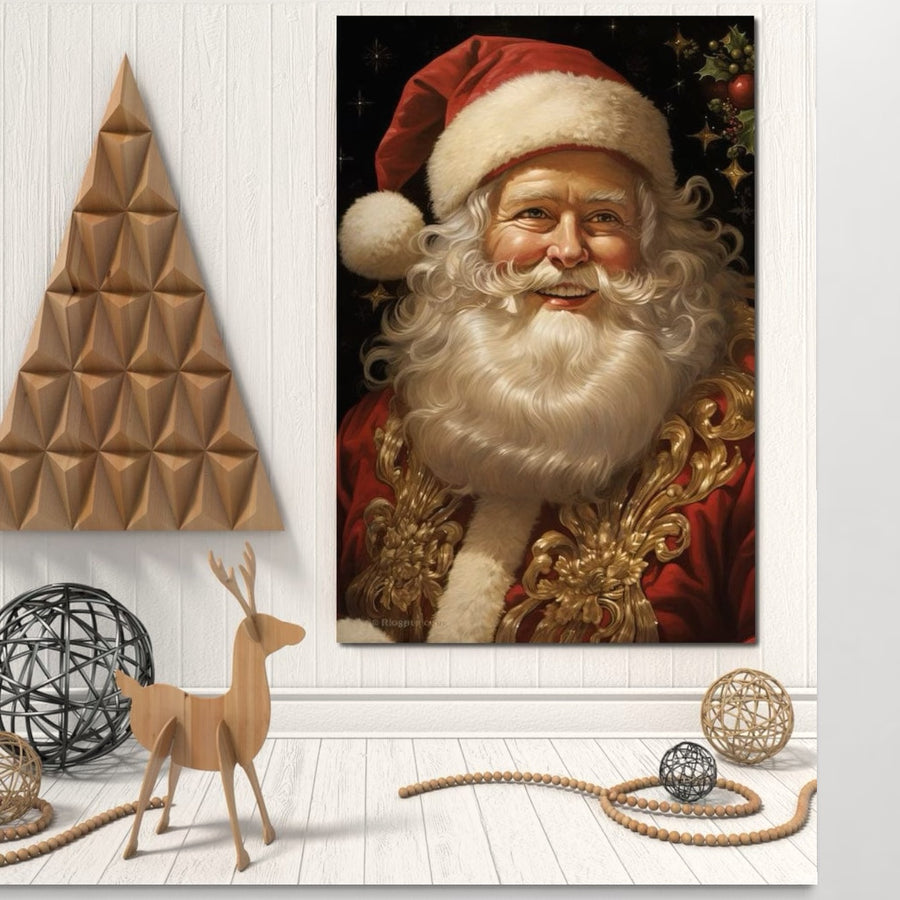 Tabloul LuxCanva® Tablou Canvas Premium D1035, "Zambetul lui Mos Craciun", prezintă zâmbetul vesel al lui Moș Crăciun și culori vibrante - perfect pentru a vă lumina pereții sufrageriei în stil festiv.