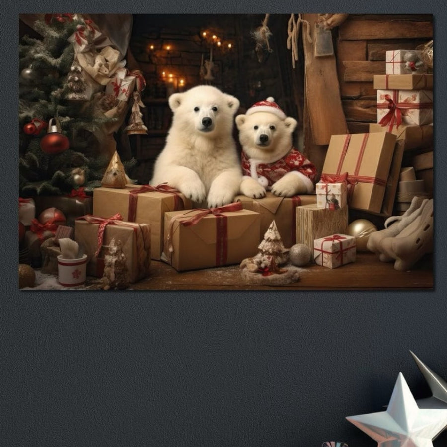 Sărbătoriți magia Crăciunului cu Tablou Canvas Premium LuxCanva® D1037, Craciunul Ursuletilor Polari. Această operă de artă 100% panza bumbac prezintă pui de urs polar și culori festive - perfectă pentru o cameră de zi confortabilă și vibrantă. Brand: LuxCanva®.