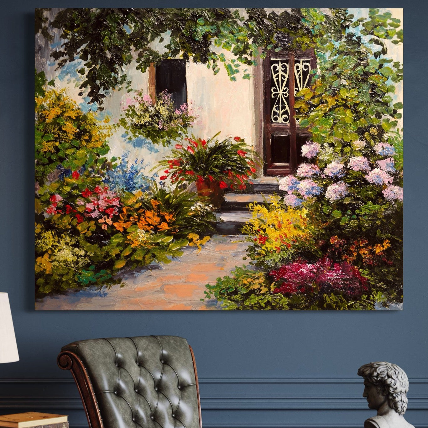 Tablou Canvas Premium LuxCanva® A1078, Aleea Cu Flori , Peisaj, Gradina, Casa, Natura, Culori Vibrante