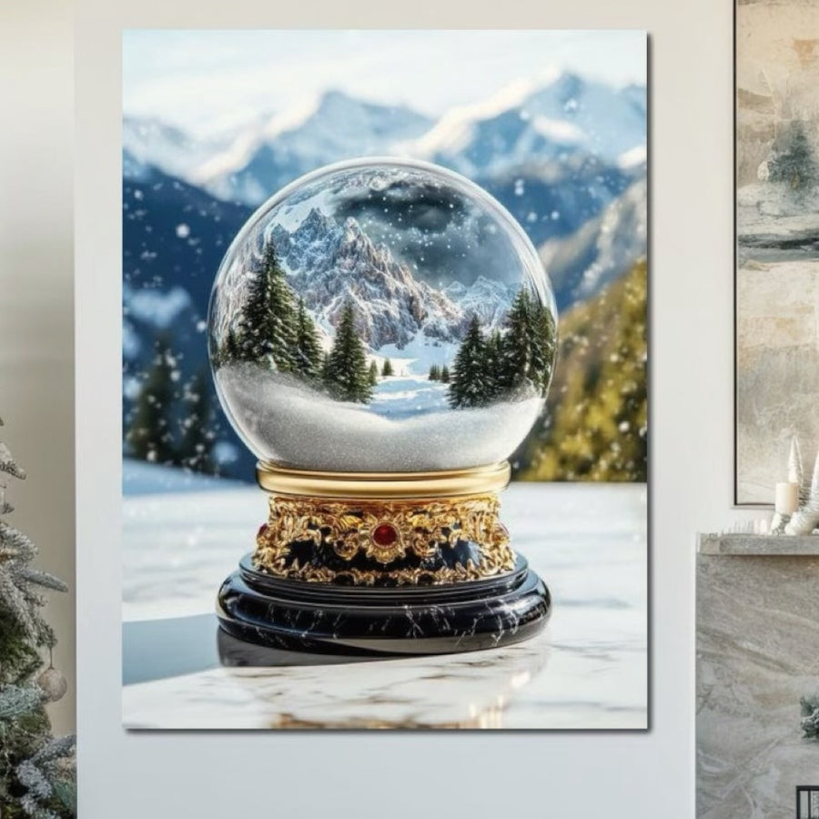 Tablou Canvas Premium LuxCanva® D1040, Globul Alpin: un print pe pânză bumbac cu glob muzical, munți înzăpeziți și pădure de brazi. Culori vibrante, perfecte pentru living - decor elegant de la LuxCanva®.