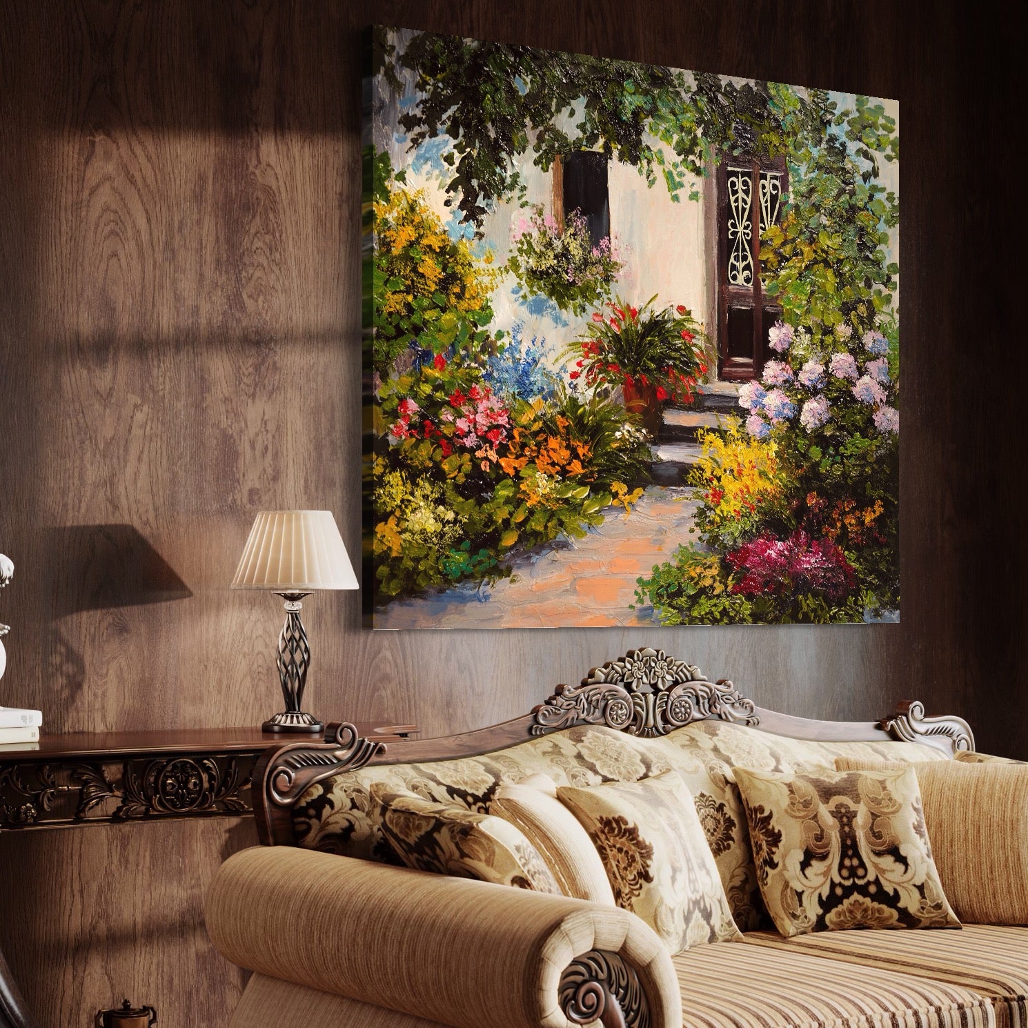 Tablou Canvas Premium LuxCanva® A1078, Aleea Cu Flori , Peisaj, Gradina, Casa, Natura, Culori Vibrante