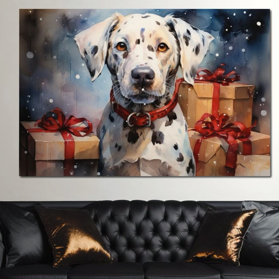 LuxCanva® Tablou Canvas Premium D1036 înfățișează un dalmațian festiv cu un guler roșu lângă cutii de cadouri în culori vibrante, perfect pentru decorarea elegantă a camerei de zi.