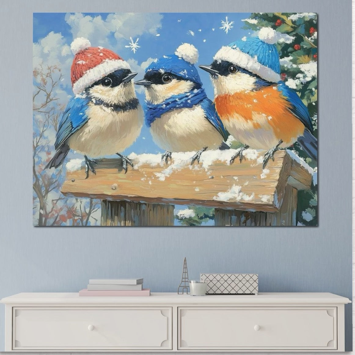 Tablou Canvas Premium LuxCanva® D1041, Pasarile Melodioase , Vrabiute, Caciulite, Creanga, Cantec, Iarna, Living Room, Culori vibrante