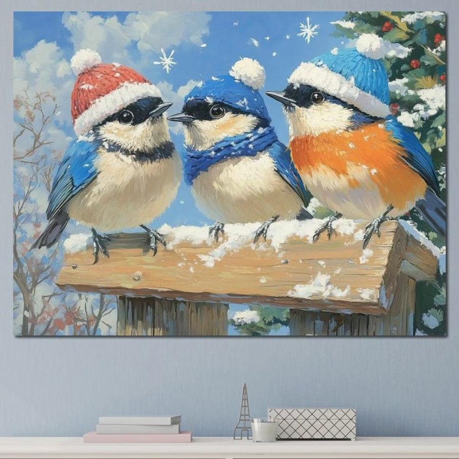 Tablou Canvas Premium LuxCanva® D1041, Pasarile Melodioase - trei vrăbiuțe cu căciulițe pe o creangă iarna, cu fundal albastru vibrant; realizat pe pânză bumbac, ideal pentru decorul livingului deasupra poliței.