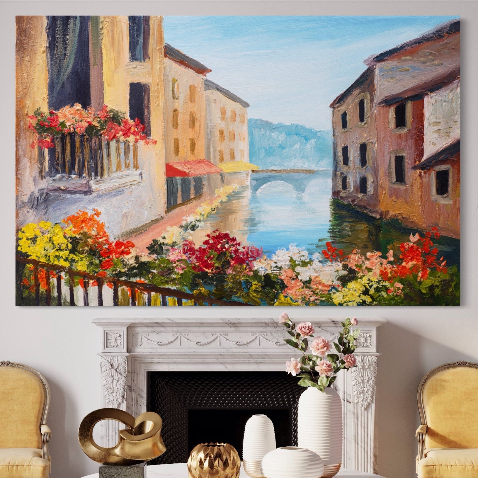 Tablou Canvas Premium LuxCanva® A1076, Flori La Fereastra , Peisaj, Flori Colorate, Case, Culori Vibrante