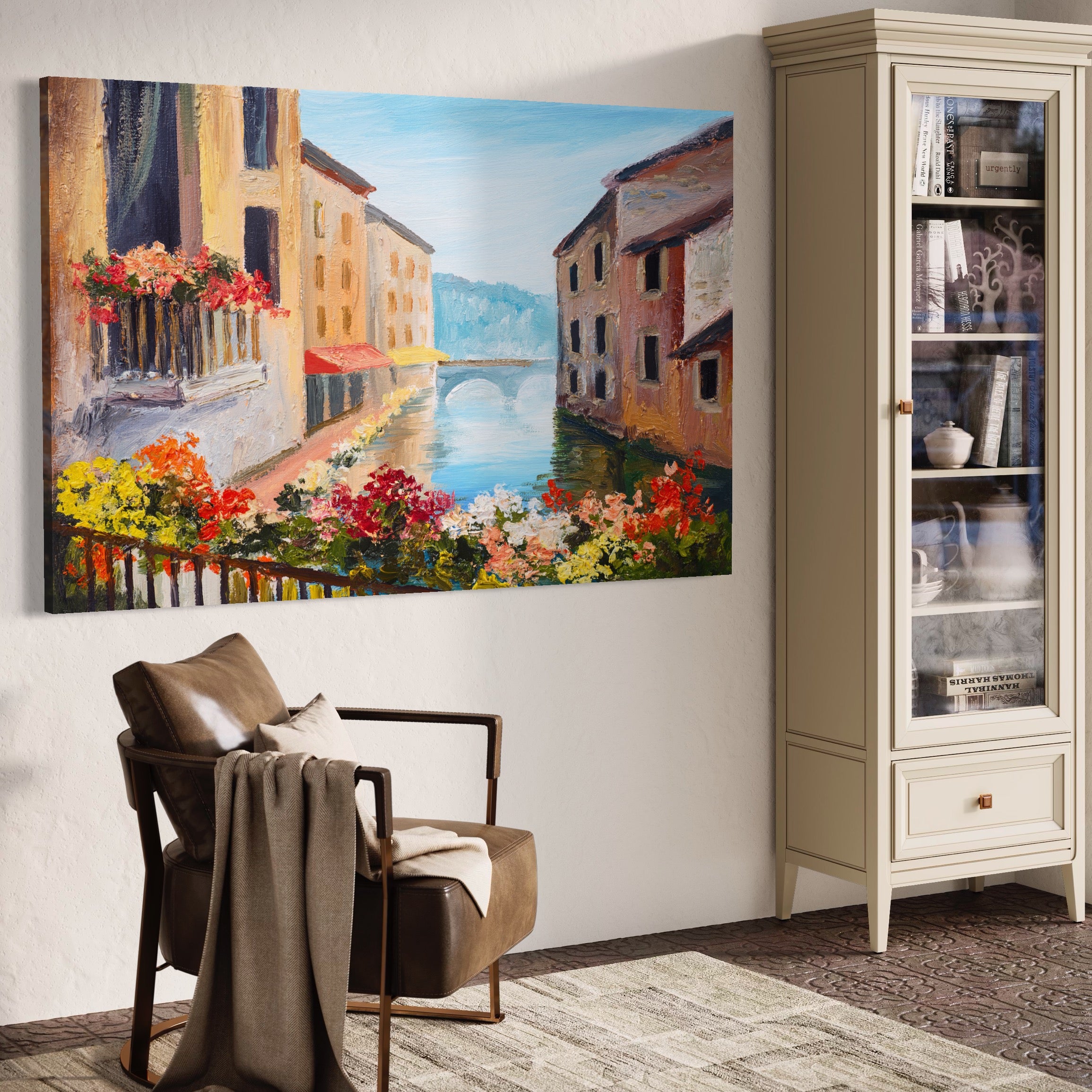 Tablou Canvas Premium LuxCanva® A1076, Flori La Fereastra , Peisaj, Flori Colorate, Case, Culori Vibrante