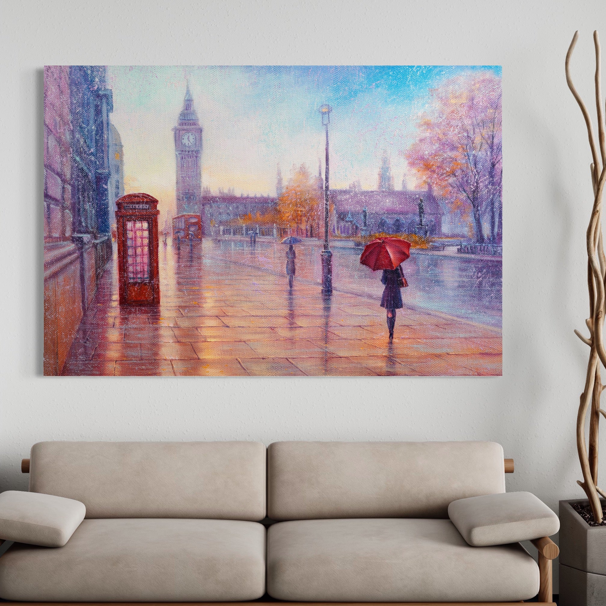 Tablou Canvas Premium LuxCanva® A1075, Ploaie In Londra , Red Telephone, Plimbare, Umbrela Rosie, Culori Vibrante