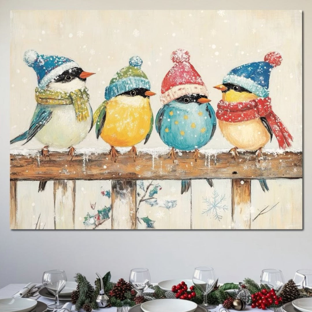Tablou Canvas Premium LuxCanva® D1045, Moda Iernii pentru Inaripati , Vrabiute, Iarna, Prieteni, Zapada, Discutii, Living Room, Culori vibrante