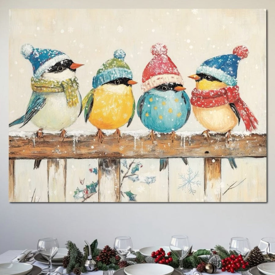 Tablou Canvas Premium LuxCanva® D1045, "Moda Iernii pentru Inaripati": patru vrăbiuțe colorate cu fesuri și fulare, pe un gard înzăpezit, sub care o masă festivă cu farfurii, pahare și decorațiuni creează o atmosferă caldă de iarnă.