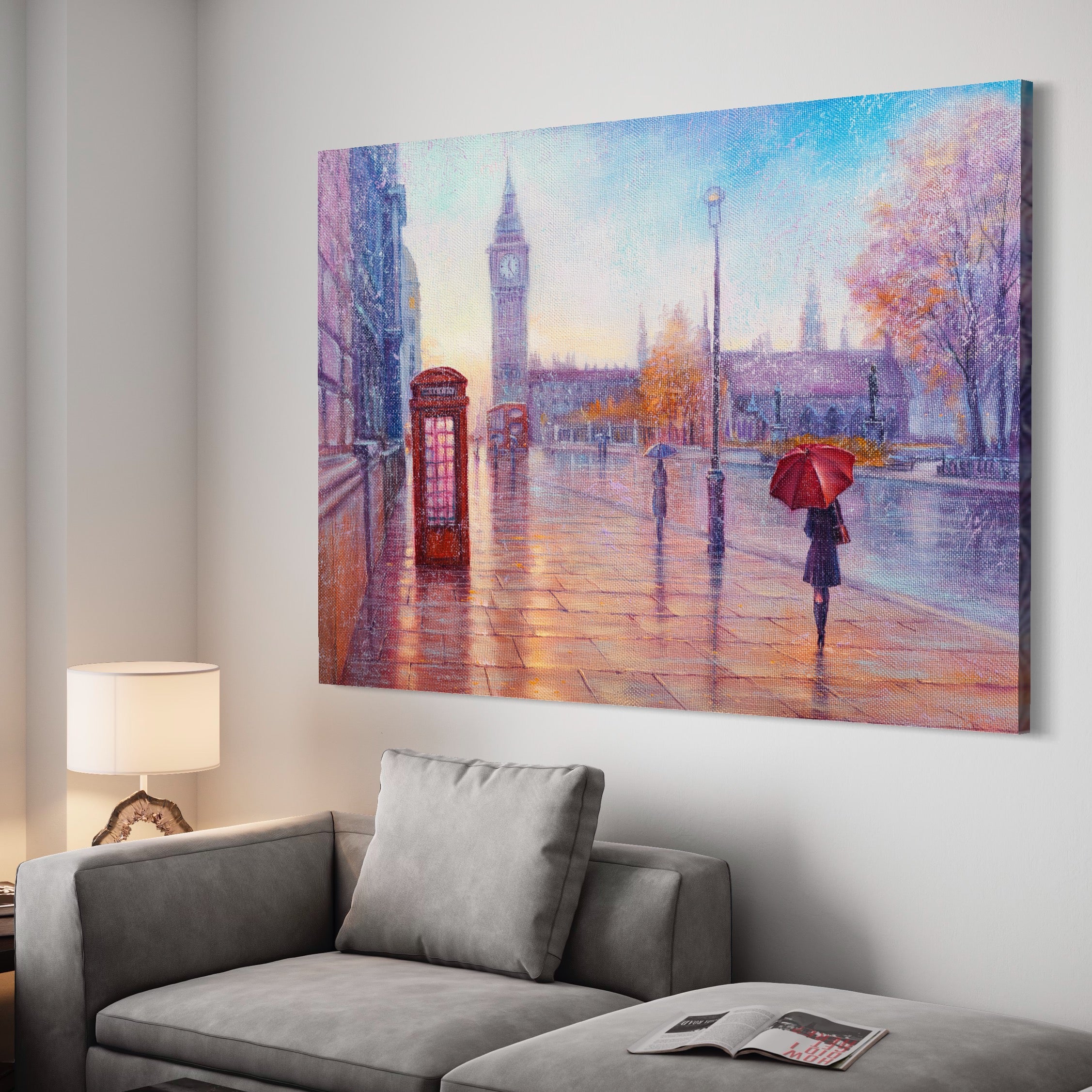 Tablou Canvas Premium LuxCanva® A1075, Ploaie In Londra , Red Telephone, Plimbare, Umbrela Rosie, Culori Vibrante