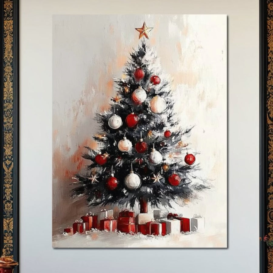 Tablou Canvas Premium LuxCanva® D1046: brad de Crăciun decorat cu globuri roșii-albe, stea aurie și cadouri, print calitate premium pe pânză bumbac, cu culori vibrante - ideal pentru livingul tău festiv.