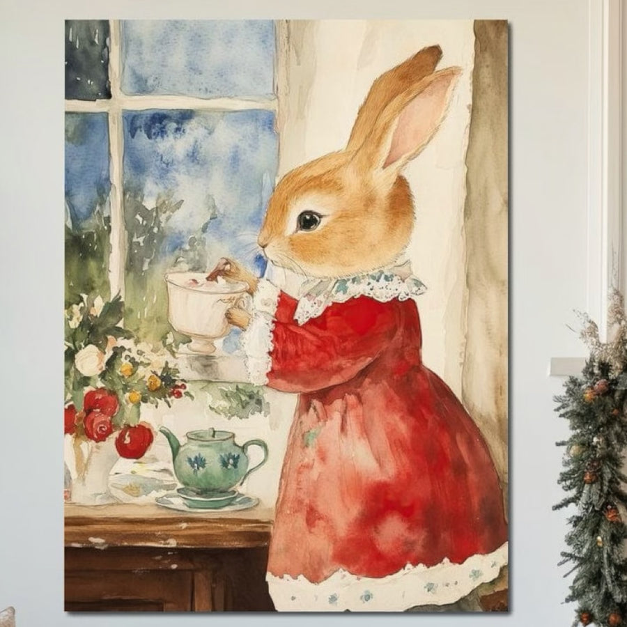 Tablou Canvas Premium LuxCanva® D1047 - Iepurașul Roșu și Aroma Ceaiului: tablou elegant cu iepure în rochie roșie, ceai, fereastră și flori, printat pe pânză bumbac 100% pentru culori vibrante și calitate premium.