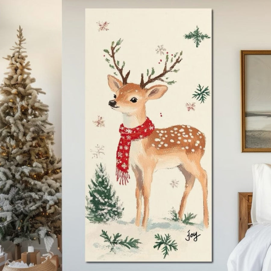 Adăugați o notă festivă camerei dvs. de zi cu tabloul LuxCanva® Tablou Canvas Premium D1049, care prezintă o scenă vibrantă cu o căprioară cu eșarfă roșie, ramuri de pin, zăpadă și un pom de Crăciun, imprimat pe pânză de bumbac premium.
