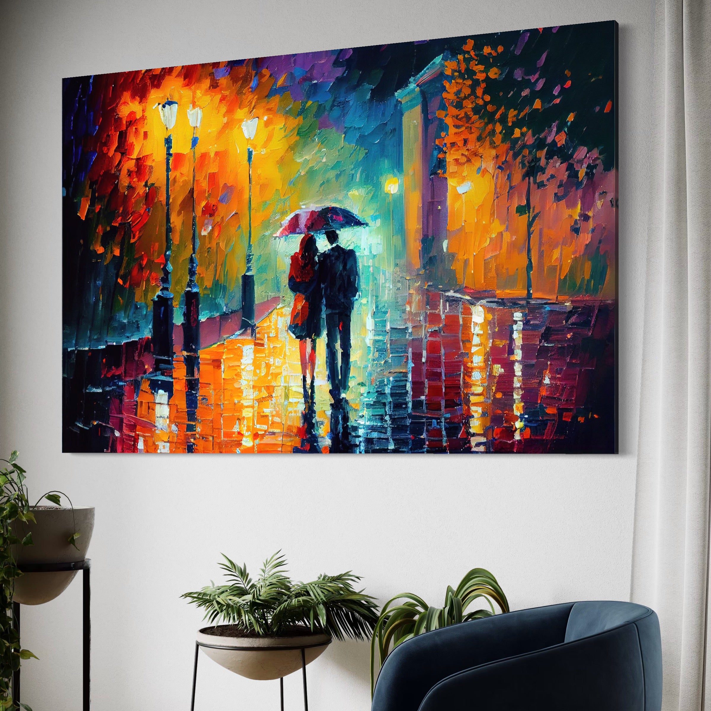 Tablou Canvas Premium LuxCanva® A1073, Ploaie La Ceas De Seara , Indragostiti, Plimbare, Felinare, Culori Vibrante