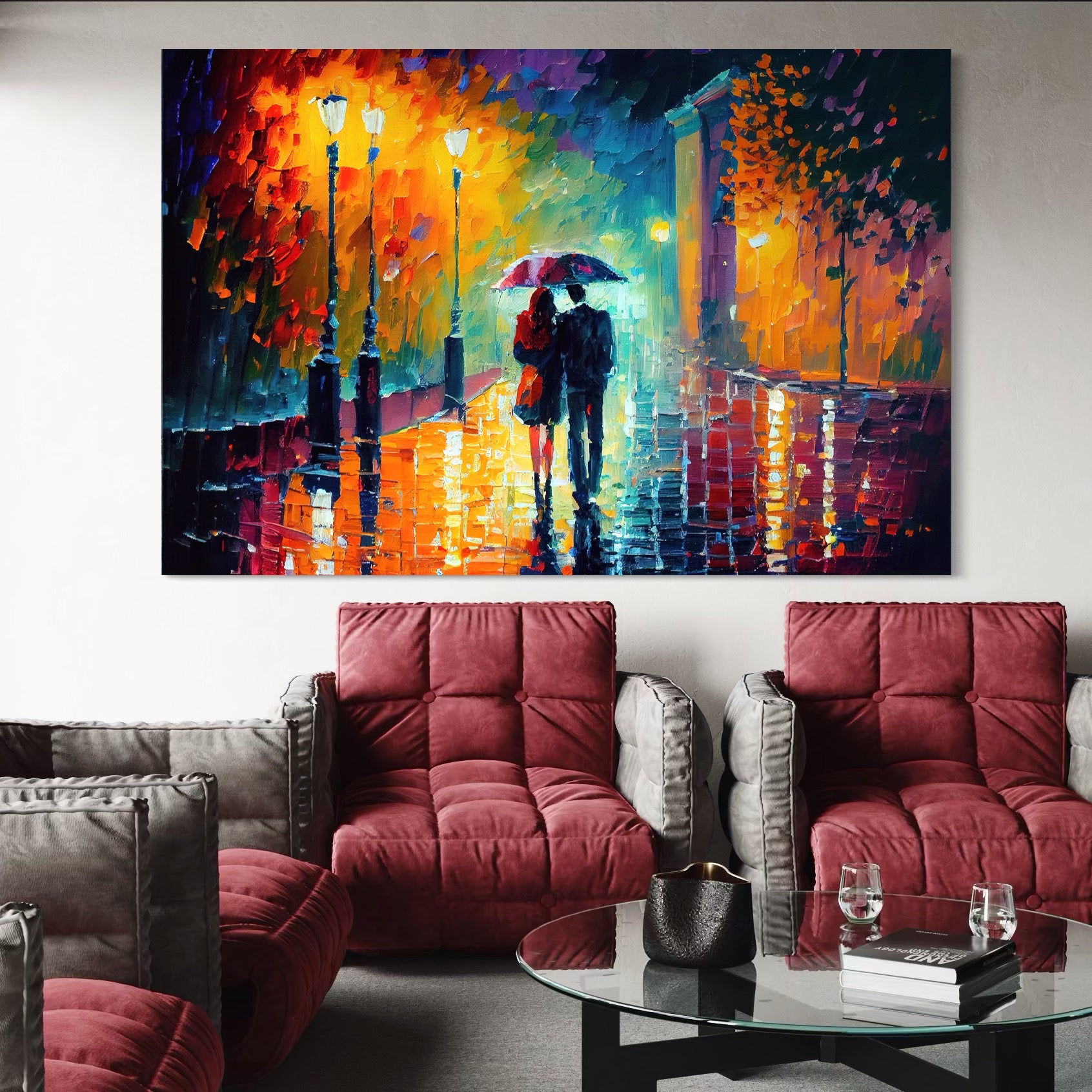 Tablou Canvas Premium LuxCanva® A1073, Ploaie La Ceas De Seara , Indragostiti, Plimbare, Felinare, Culori Vibrante