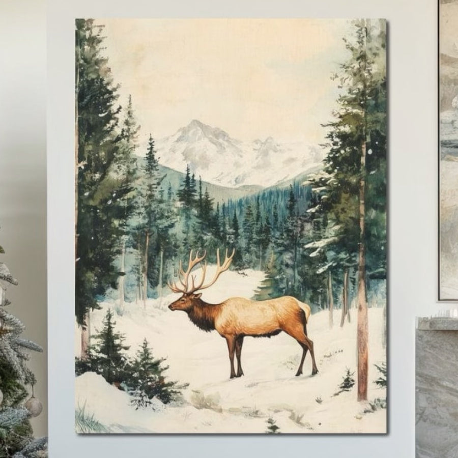 Tablou Canvas Premium LuxCanva® D1050, "Cerbul din Muntii Inzapeziti", ilustrează un cerb cu coarne impunătoare în pădure de brazi și zăpadă, sub munți albi; decor ideal pentru living. Brand: LuxCanva®.