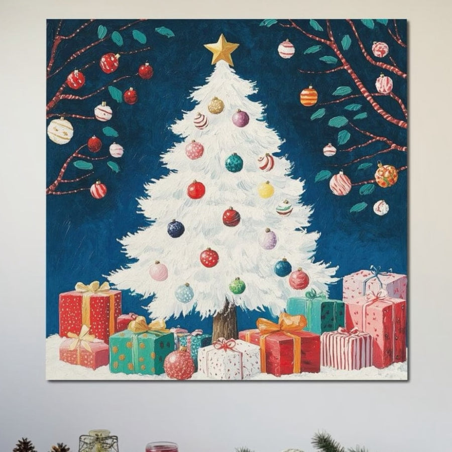 Adaugă magie sărbătorilor tale cu Tablou Canvas Premium LuxCanva® D1051, "Farmecul Bradului Alb de Craciun". Acest print vibrant prezintă un brad de Crăciun alb, ornamente colorate și cadouri - perfect pentru decorul festiv din orice cameră de zi. Fabricat în România.