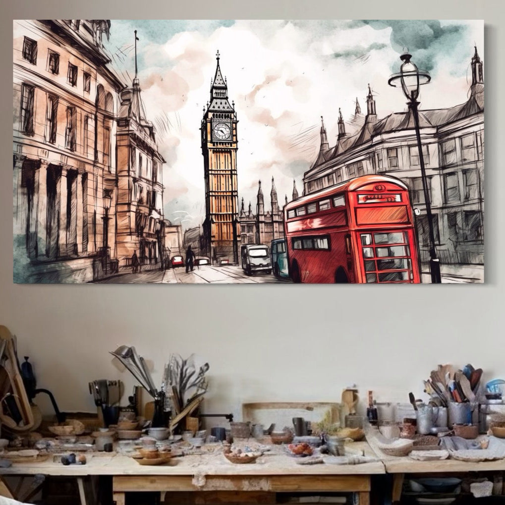 Tablou Canvas Premium LuxCanva® A1072, Big Ben , Londra, Marele Ben, City Bus, Culori Vibrante