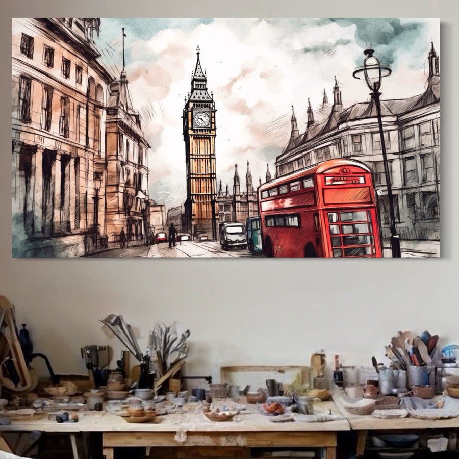 Sub Tablou Canvas Premium LuxCanva® A1072, cu Big Ben, Londra, Marele Ben, City Bus în culori vibrante - o imprimare premium de la LuxCanva® - se află un spațiu de lucru cu unelte și consumabile pentru olărit.