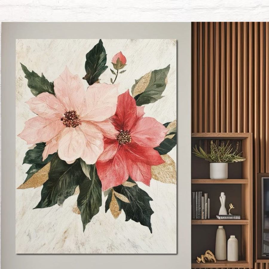 Tablou Canvas Premium LuxCanva® D1053: imprimeu floral de sărbători cu flori mari în nuanțe roz-roșu, frunze verzi-aurii, decor ideal pentru living. Culori vibrante, perfecte pentru un perete deschis lângă rafturi decorative.